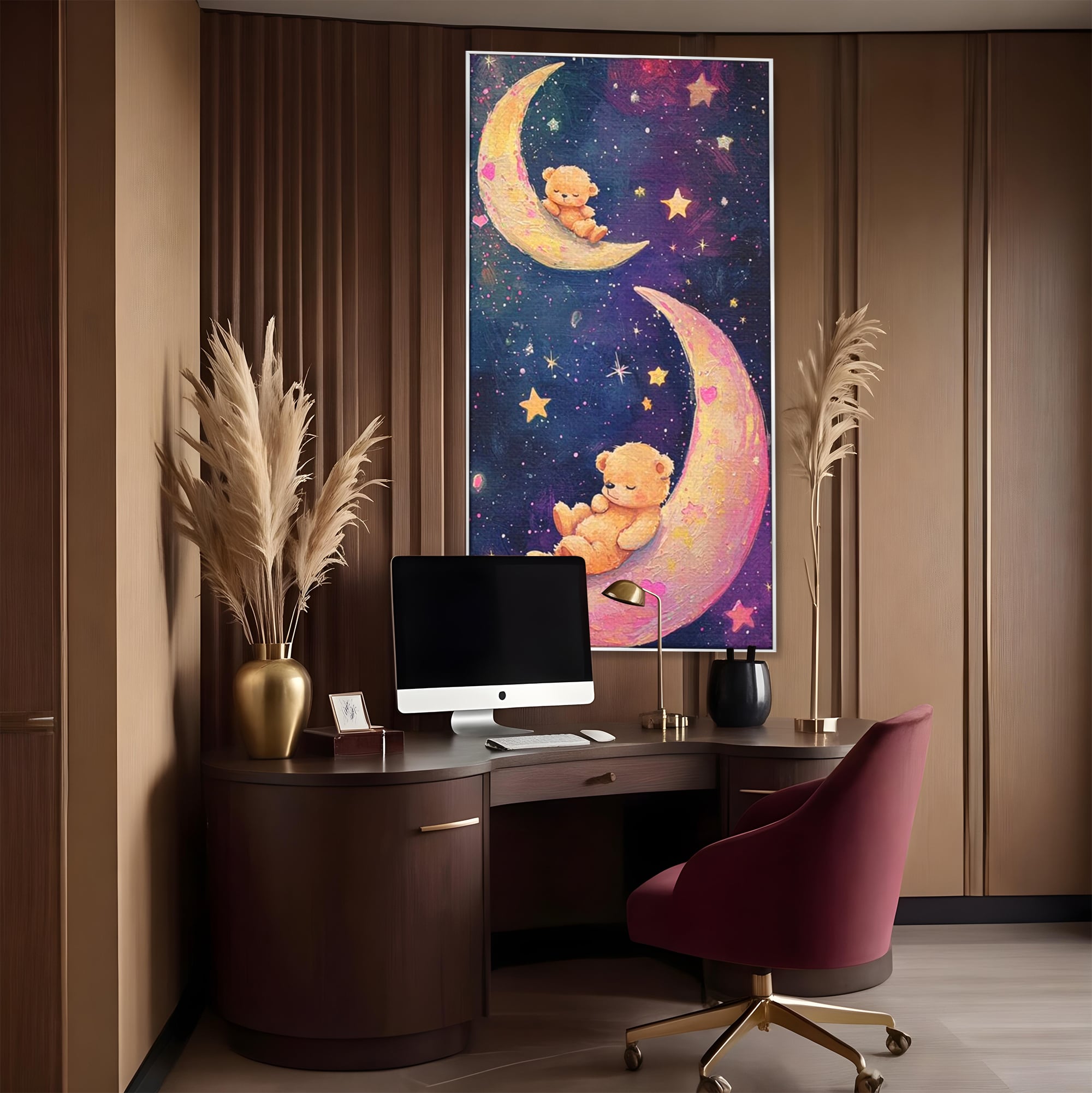 Tablou canvas cu doi ursuleti dorm pe semiluna, in rama de aluminiu argintiu, pe perete intr-un birou